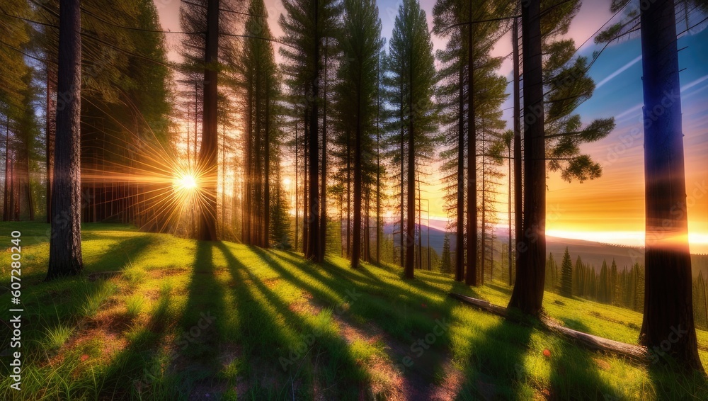 Fototapeta premium Art perfect view of the landscape of sunset golden hour the mountains and forest with trees with shadows and glade. Generative AI