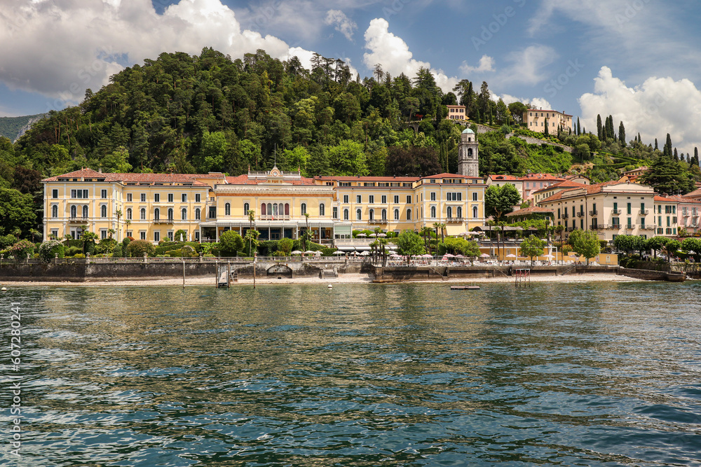 Bellagio Town in Italy with its Beautiful Architectural Buildings. Lake Como in Lombardy with Hilly Forest during Summer Travel Day.