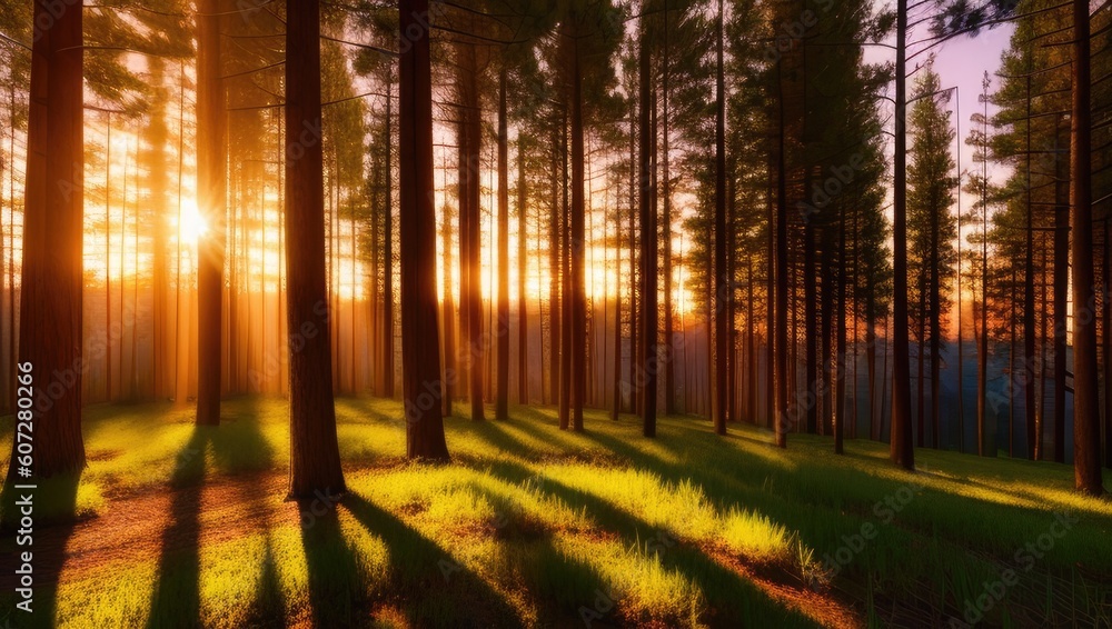 Obraz premium Art perfect view of the landscape of sunset golden hour the mountains and forest with trees and glade. Generative AI