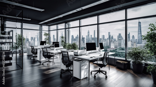 office workspace with glass walls and white furniture  in the style of dark gray  cityscape  commission for  solarization  spatiality   shallow depth of field to emphasize the subject