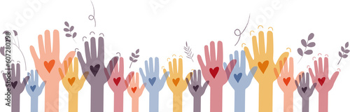 Raised hands. Volunteering, teamwork concert.