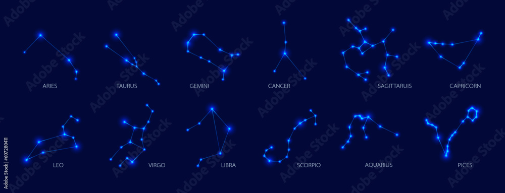 set of glowing blue zodiac constellations  - obrazy, fototapety, plakaty 
