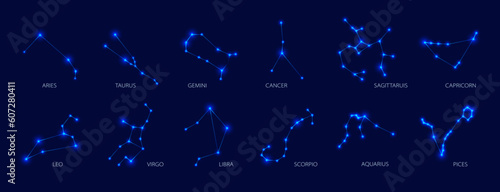 set of glowing blue zodiac constellations 