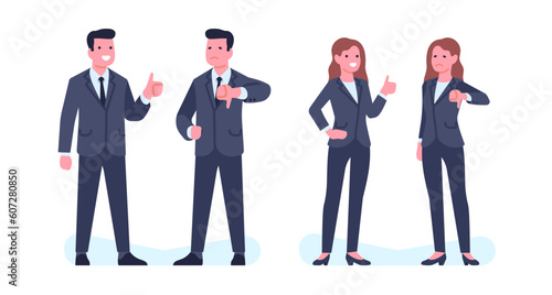 Concept of like and dislike, men and women show gestures of approval and disapproval. Happy and sad characters on white background. Cartoon flat style isolated vector business people set