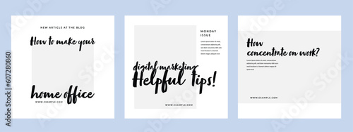 Editable business social media layouts, square templates for digital marketing, minimalistic and clean web banners with place for photo and text, copy space, for modern company, typography idea