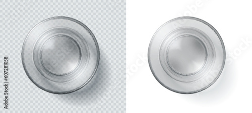 Glass water top view. Realistic round glass with clean cold and refreshing water, vodka alcohol drink or tonic cocktail beverage. Cafe, bar or restaurant tableware, isolated 3d vector glassware