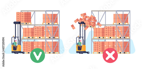 Correct and incorrect forklift stacking of pallets of boxes on rack in warehouse. Safety rules, loading goods in storehouse. Dangerous situation cartoon flat isolated vector concept
