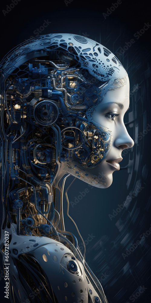 Cyborg woman. Ai robot sci-fi technology paining style illustration created with generative ai Cyborg woman. Ai robot sci-fi technology paining style illustration created with generative ai