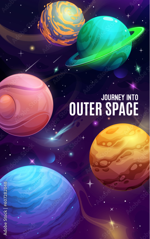 Naklejka premium Space planets on cartoon galaxy universe poster, vector fantasy cosmos background. Cartoon fantasy galaxy planets and stars in sky, outer space journey to alien cosmic and extraterrestrial galactic
