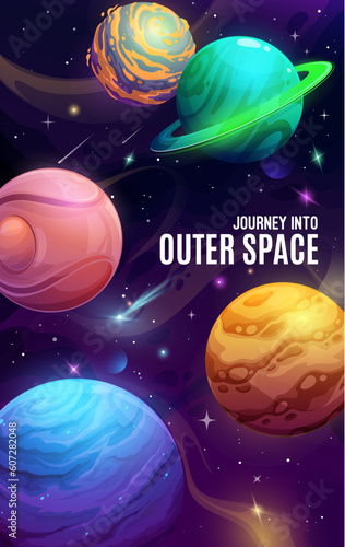 Space planets on cartoon galaxy universe poster, vector fantasy cosmos background. Cartoon fantasy galaxy planets and stars in sky, outer space journey to alien cosmic and extraterrestrial galactic