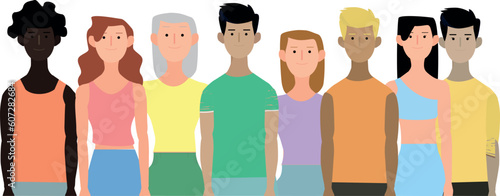 2D vector illustration of diverse men and women standing in row