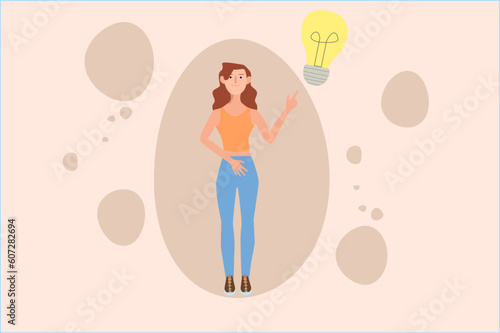 2D vector illustration of woman pointing at light bulb having idea