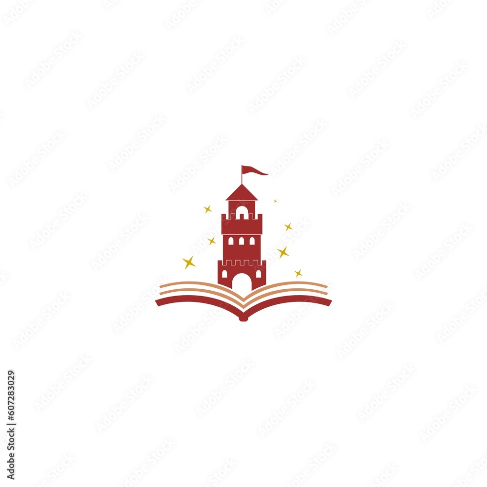 Castle Book Logo Design. Open book with castle icon isolated on white background