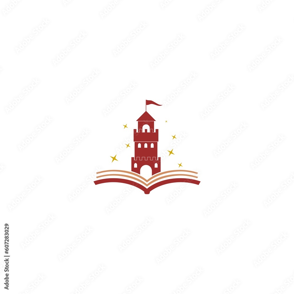 Castle Book Logo Design. Open book with castle icon isolated on white background Castle Book Logo Design. Open book with castle icon isolated on white background