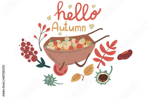 Hello autumn set hand drawn apples and leaves wheelbarrow card