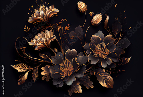 Photo golden flowers on black background elegant floral wallpaper. Generate Ai
