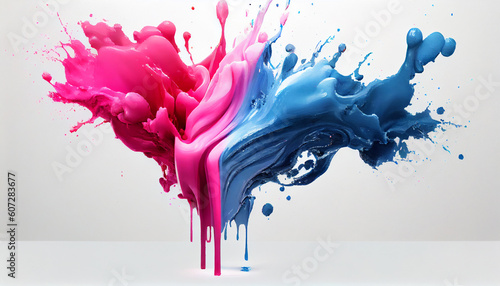 Blue and pink colorful paints that blend together on white background. Generate Ai.