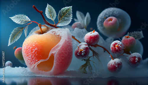Frosty fruit filled wallpaper, widescreen format. Generate Ai.