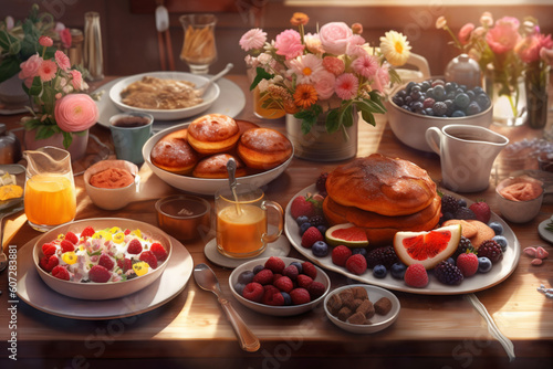 Still life with fruits and berries, breakfast in the kitchen, sweets and flowers on the table