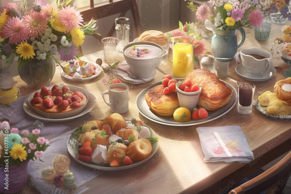 Breakfast in the kitchen, a cup of tea, sweets and flowers on the table, generated ai Breakfast in the kitchen, a cup of tea, sweets and flowers on the table, generated ai