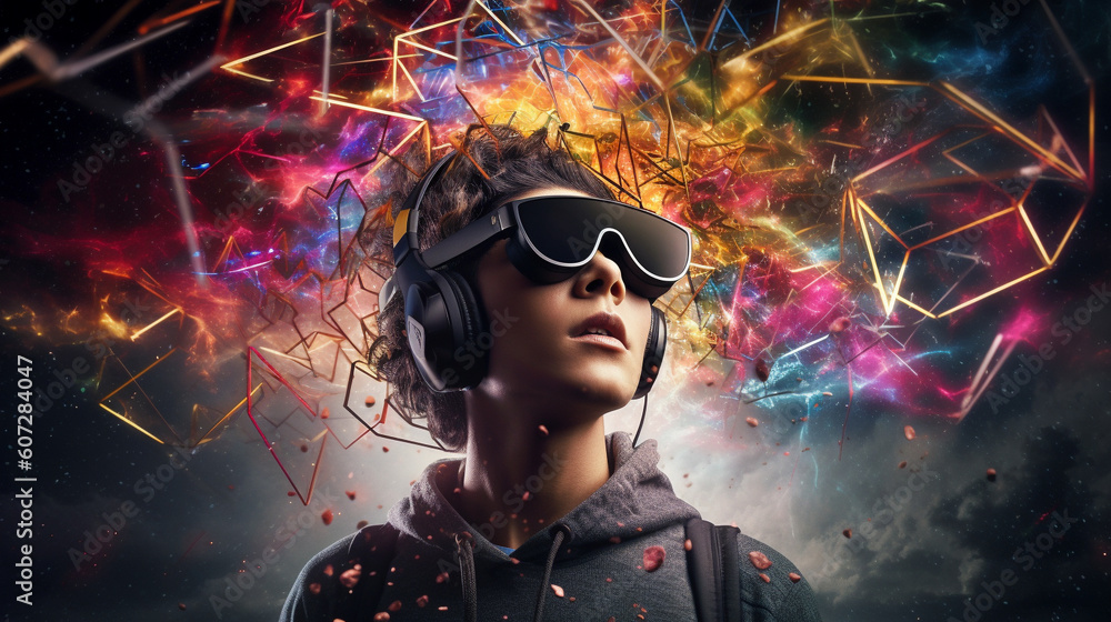 Young man using virtual reality headset. VR glasses, futuristic, technology, online education, education, video game concept. Generative AI. Young man using virtual reality headset. VR glasses, futuristic, technology, online education, education, video game concept. Generative AI.