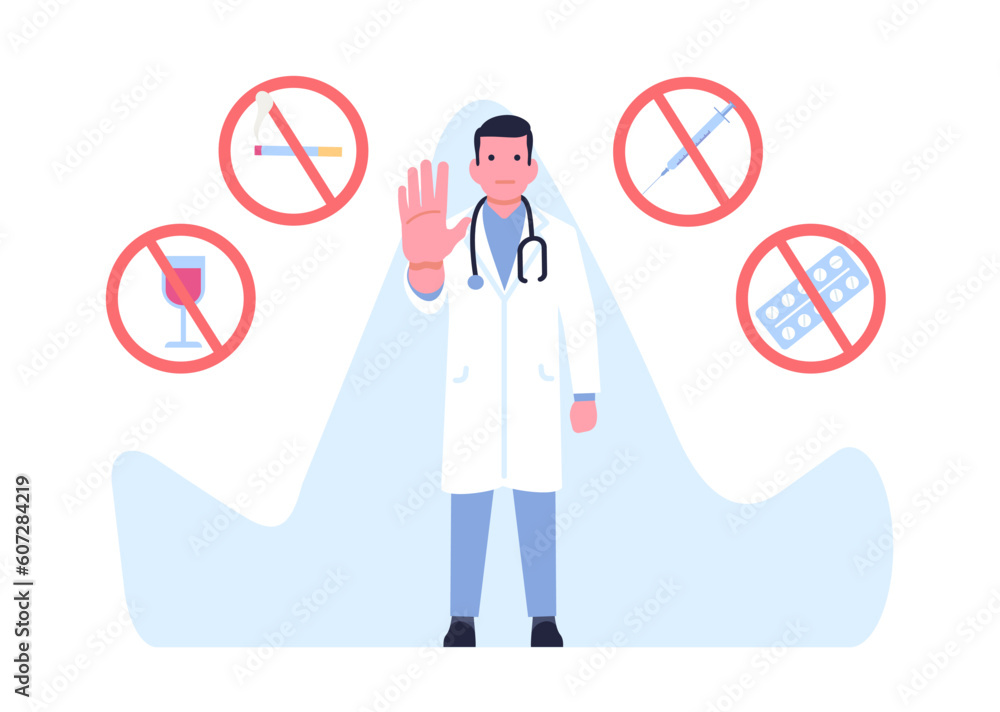 Doctor warns about dangers of smoking, alcohol and drugs. Bad habits, bad health effects, warning information for patient, unhealthy lifestyle. Cartoon flat style isolated vector concept Doctor warns about dangers of smoking, alcohol and drugs. Bad habits, bad health effects, warning information for patient, unhealthy lifestyle. Cartoon flat style isolated vector concept