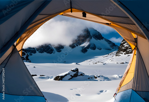 Majestic snowy mountain landscape view from within a tent opening. from generative AI