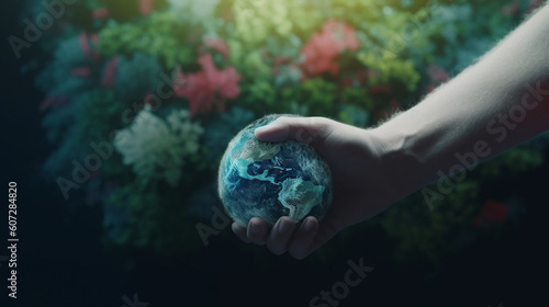 Human hands holding earth sphere crystal with sunlight, green nature background, concept of conservation environmental. AI Generative.