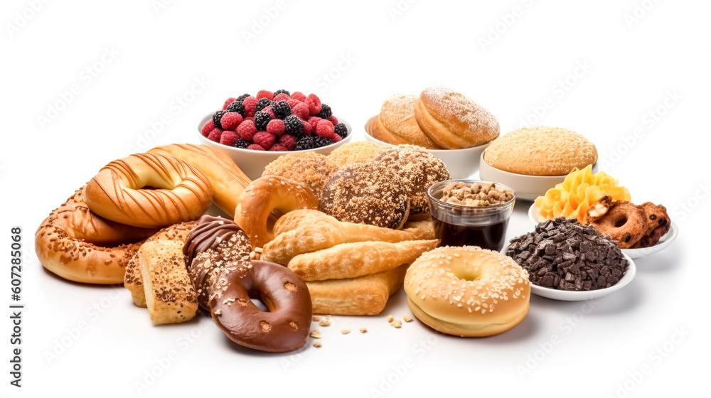 Fototapeta premium Baking, chocolate and berries on a white background, isolated, generative AI.