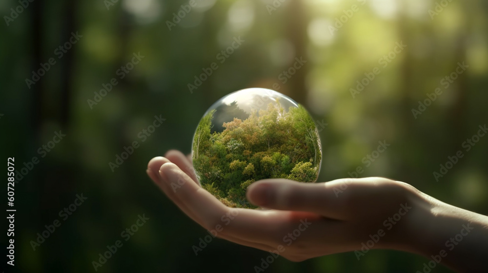 Human hands holding earth sphere crystal with sunlight, green nature background, concept of conservation environmental. AI Generative. Human hands holding earth sphere crystal with sunlight, green nature background, concept of conservation environmental. AI Generative.