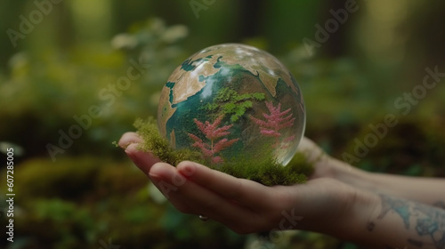 Human hands holding earth sphere crystal with sunlight, green nature background, concept of conservation environmental. AI Generative.