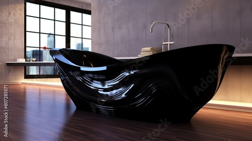 Modern black bathtub with cool epoxy resin decoration to be real luxury your bathroom, and yes which everyone will admire. Generative AI Technology 