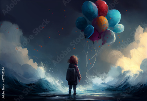 Digital illustration painting of child holding balloons standing in front of fantasy storm, sea. Generate Ai.