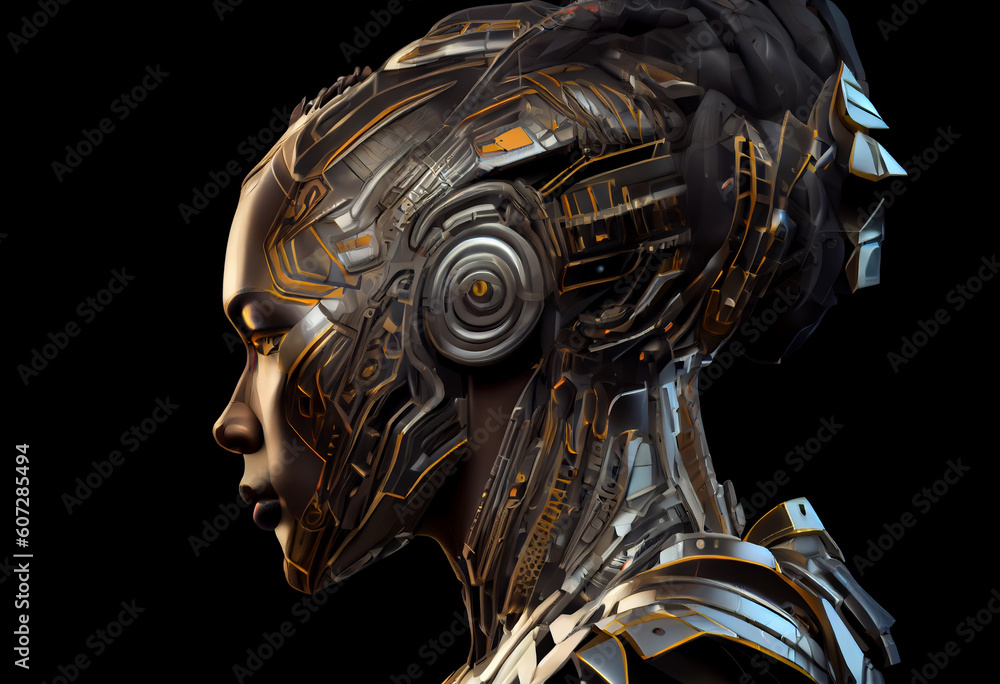 Futuristic robot or cyborg head in profile. Isolated on black background. Generate Ai.