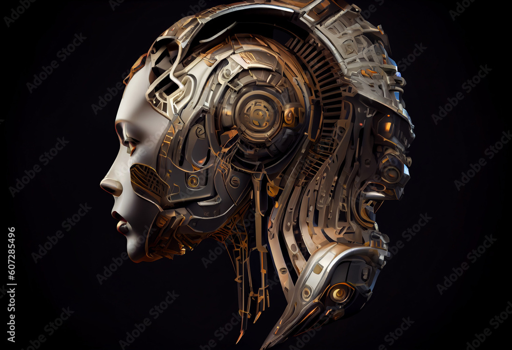 Futuristic robot or cyborg head in profile. Isolated on black background. Generate Ai. Futuristic robot or cyborg head in profile. Isolated on black background. Generate Ai.