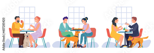 Dog and people eat together in same cafe. Pet friendly. Men and woman sitting at table, dinner or lunch in restaurant, happy animals with owners cartoon flat style isolated vector concept