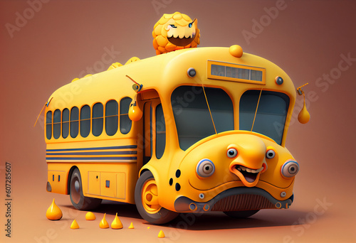Funny and cute school bus illustration. Generate Ai.