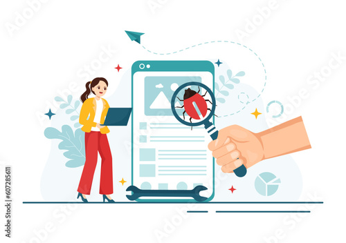 Bug Tracking Vector Illustration with Mobile Phone Protection from Computer Virus on Big Screen in Website Security Flat Cartoon Hand Drawn Templates