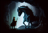 Horse monster looking at little hero with sword in the cave.. Generate Ai.