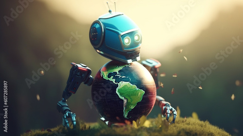 Robot holding a light bulb with a small plant on the ground and sunlight, Concept of saving energy with nature. AI Generative.