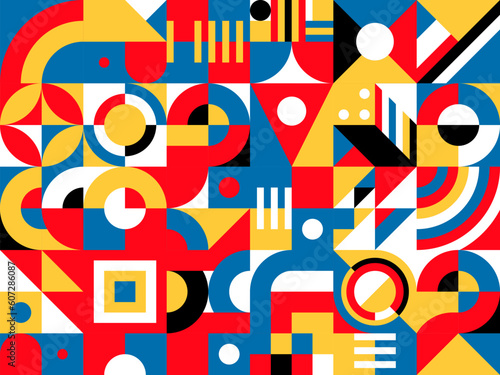 Geometric Bauhaus abstract pattern. Retro minimalism artwork print, corporate identity vector composition or business presentation abstract form pattern. Design collage with Bauhaus geometrical shapes