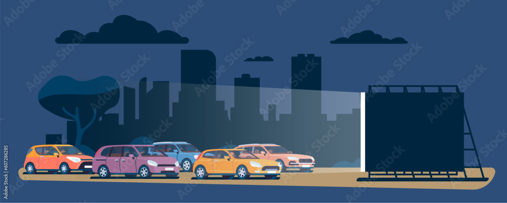 Obraz premium Drive movie. Car cinema theater event. Autos against city backdrop. Evening entertainment. Cinematography night show. Film screen. Outdoor performance. Automobile parking. Vector concept