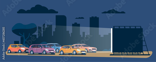 Drive movie. Car cinema theater event. Autos against city backdrop. Evening entertainment. Cinematography night show. Film screen. Outdoor performance. Automobile parking. Vector concept