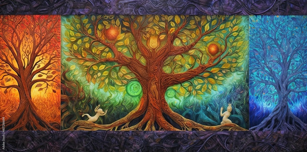 Colorful trees of Life. Symbol of the life cycle and the link between humanity and nature. Generative AI Colorful trees of Life. Symbol of the life cycle and the link between humanity and nature. Generative AI