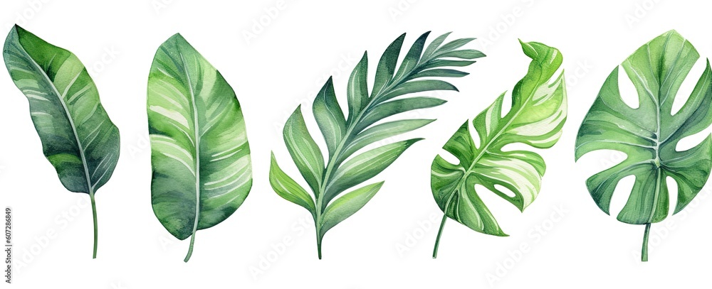 Set of tropical leaves and flowers isolated on white background. Highly detailed plant collection. Generative AI Set of tropical leaves and flowers isolated on white background. Highly detailed plant collection. Generative AI