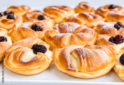 Tray of danish pastry. Food and pastry art photography from Generative AI © sevenSkies