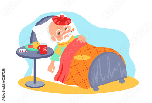 Elderly sick man lying in bed with thermometer in his mouth. Disease treatment. Ill grandfather with fever and temperature. Grandpa sleeping under blanket. Senior patient. Vector concept