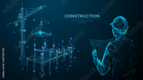 Building under Construction site. Architect Holding Blueprints near Construction. New Building. Man with Project in Helmet. Crane Constructing House. Abstract polygonal wireframe vector illustration.