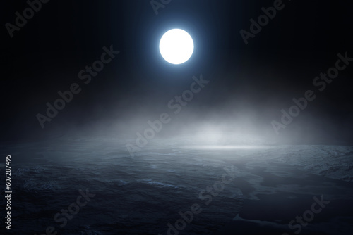 3d render, Futuristic night landscape with abstract landscape and island, moonlight, shine. Dark natural scene with reflection of light in the water, neon blue light. Dark neon circle background. 