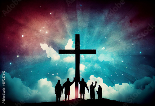 Worship concept: christian people hand in hand over cross on spiritual sky background . Generate Ai.